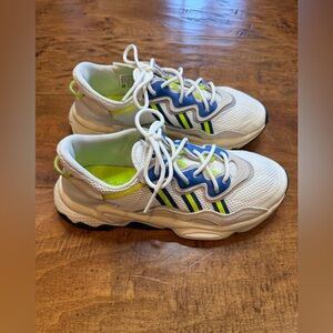 Adidas Ozweego Running Shoes Men’s White Blue Neon Yellow Trainers Athletic EUC